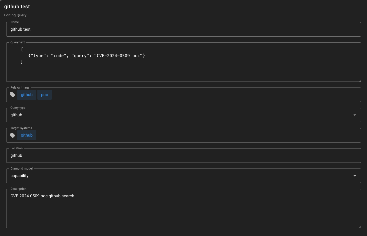 Example of the Github Monitor settings